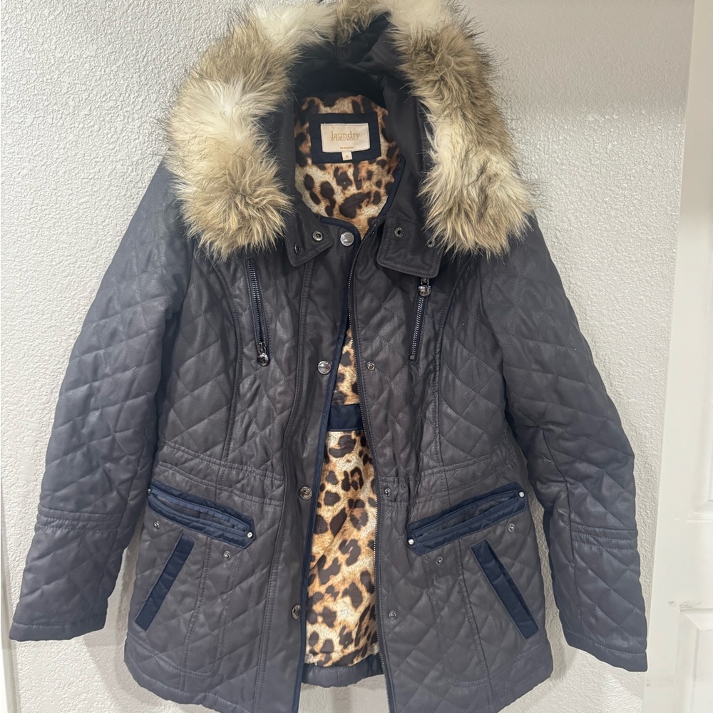 Blue Quilted Jacket with Faux Fur Trim
